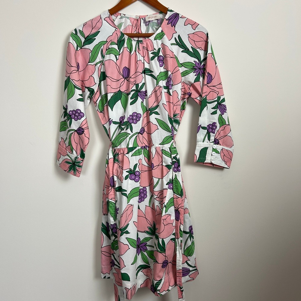 Banjanan White Pink Floral Cotton Tie Waist Dress Pockets Size M‎